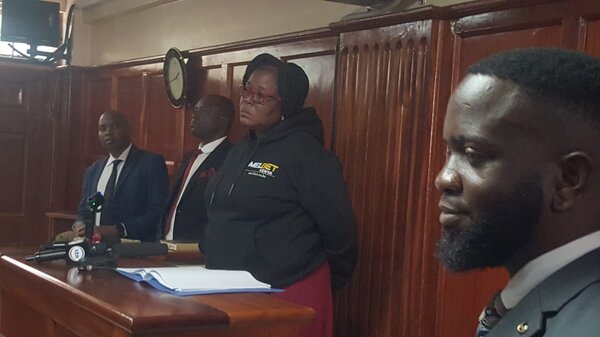 Ms Pamela Aloo (centre), the mother of Evans Otieno, who has disappeared without trace, when she testified at the Milimani High Court on July 20, 2026.