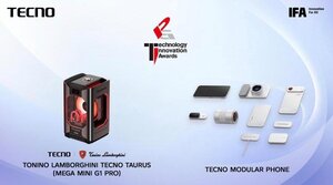 TECNO Modular Phone and Tonino Lamborghini TECNO TAURUS (MEGA MINI G1 Pro), which won two IFA Global Product Technology Innovation Awards at IFA 2026.