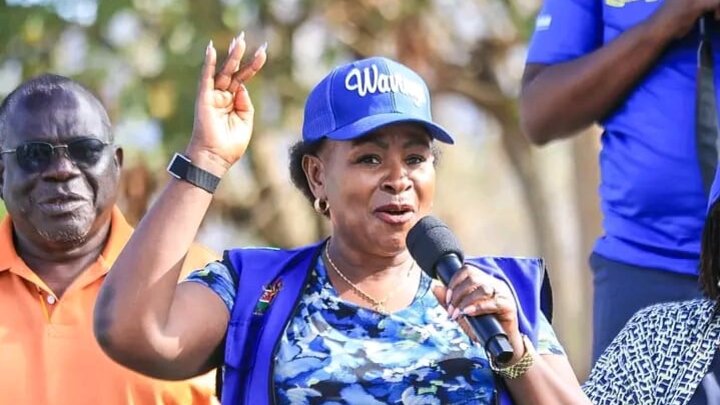 Machakos Governor Wavinya Ndeti addresses residents at Mbiuni location in Mwala Sub-county