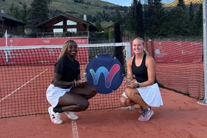 Angella Okutoyi celebrates with Emma Kamper from Denmark after they outclassed Anastasija Cvetkovic from Serbia and Switzerland’s Sarina Schnyder 6-4, 4-6, 10-7 in a one-hour and 21 minutes to win the W35 Verbier tournament in Switzerland on Saturday, August 22, 2026. 