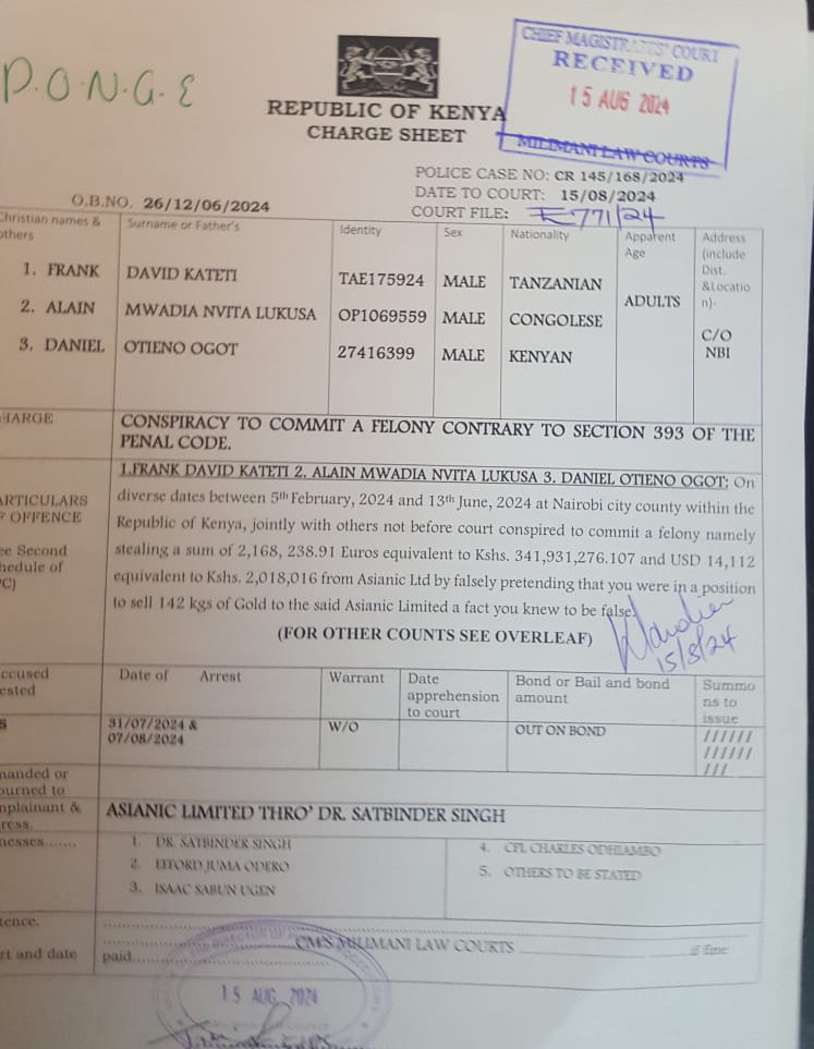Three men deny defrauding international company of KES 341 million in gold scam
