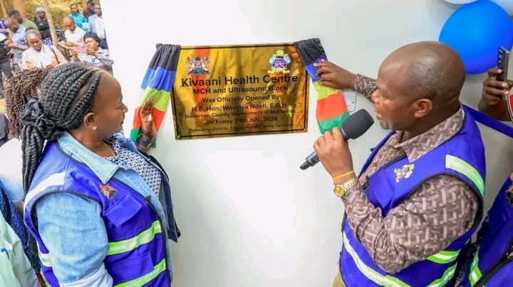 Machakos Governor Wavinya Ndeti with her Deputy Governor Francis Mwangangi yesterday during Commissioning of the Kivaani Health Centre Maternal and Child Health (MCH) and Ultrasound Block in Kangundo East Ward.The new facility will enhance safe deliveries, provide essential ultrasound services closer to the community, improve health outcomes for mothers and children, and offer a better working environment for healthcare workers.