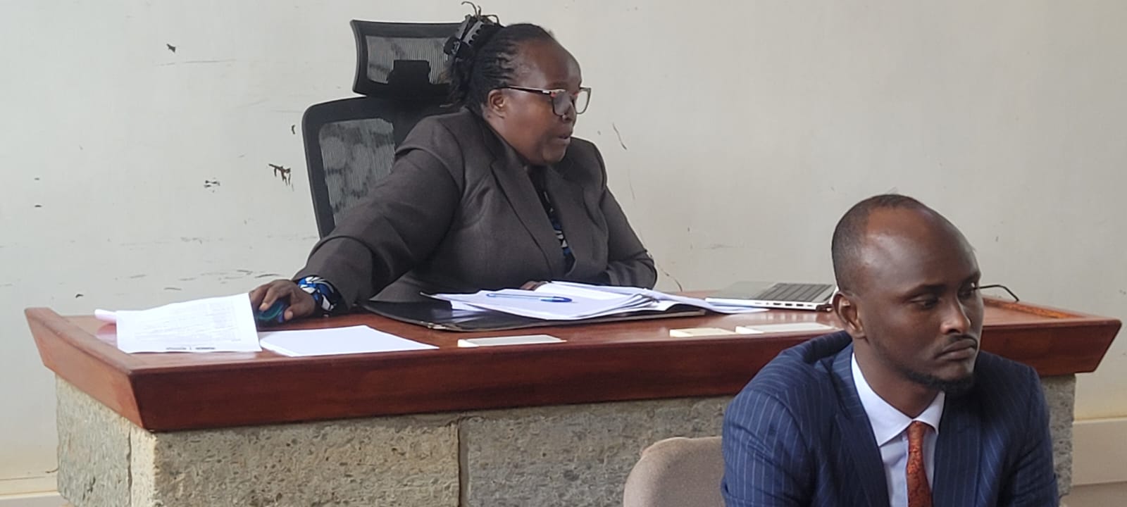 Machakos High Court Judge Lady Justice Josephine Mong'are during hearing of the case of three murder suspects. 