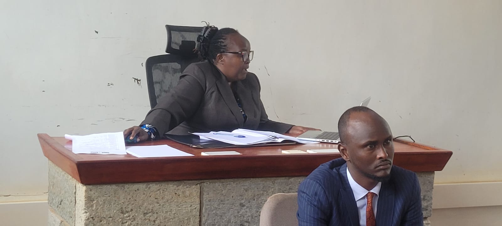 Machakos High Court Judge Lady Justice Josephine Mong'are during hearing of the case of three murder suspects. 