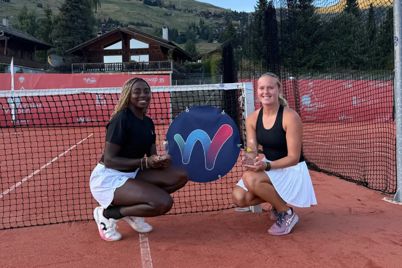 Angella Okutoyi celebrates with Emma Kamper from Denmark after they outclassed Anastasija Cvetkovic from Serbia and Switzerland’s Sarina Schnyder 6-4, 4-6, 10-7 in a one-hour and 21 minutes to win the W35 Verbier tournament in Switzerland on Saturday, August 22, 2026. 