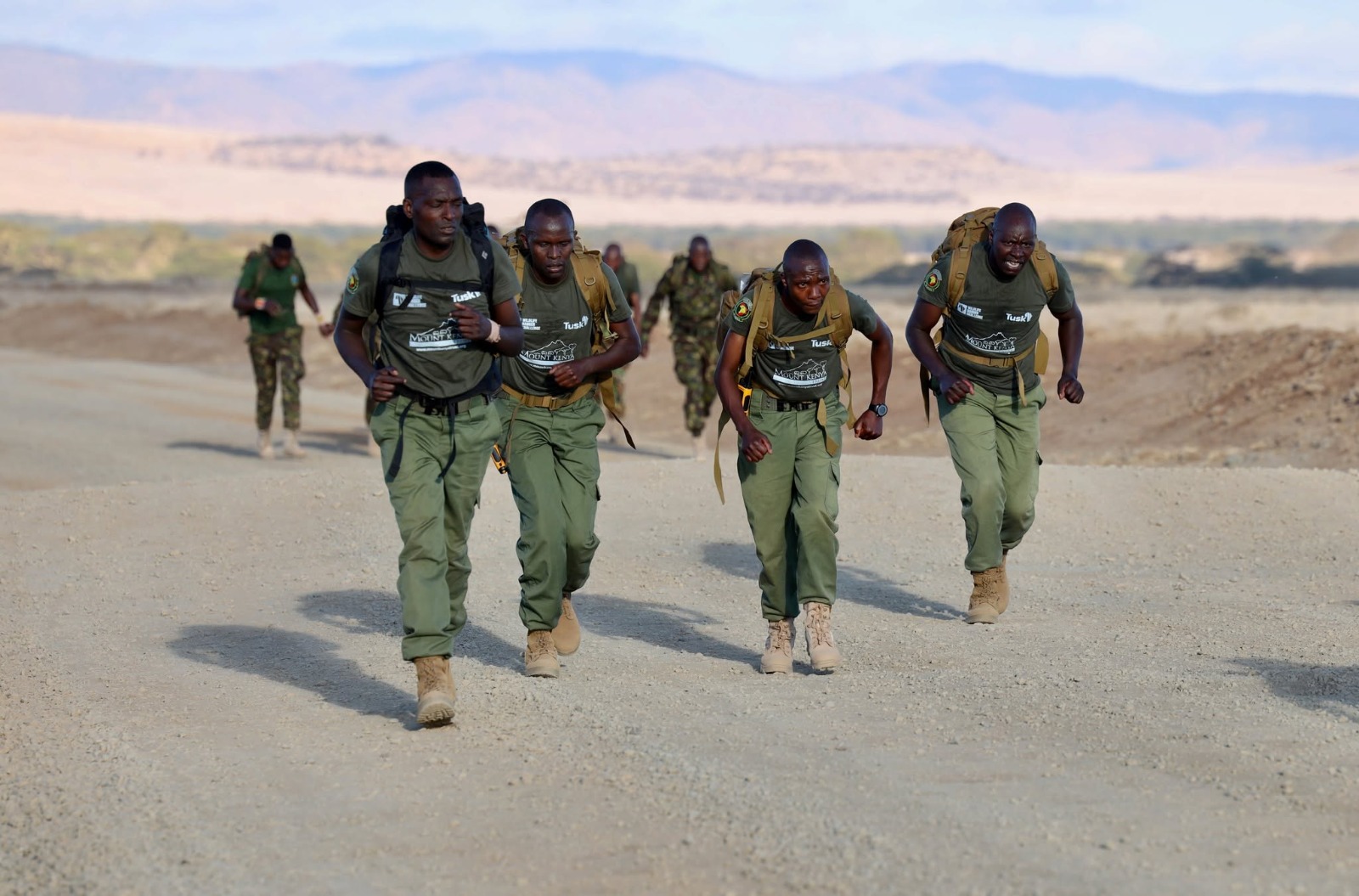 Some of the over 2,000 rangers from across 21 African countries who took part in synchronised 21km races, carrying up to 22kg of kit.