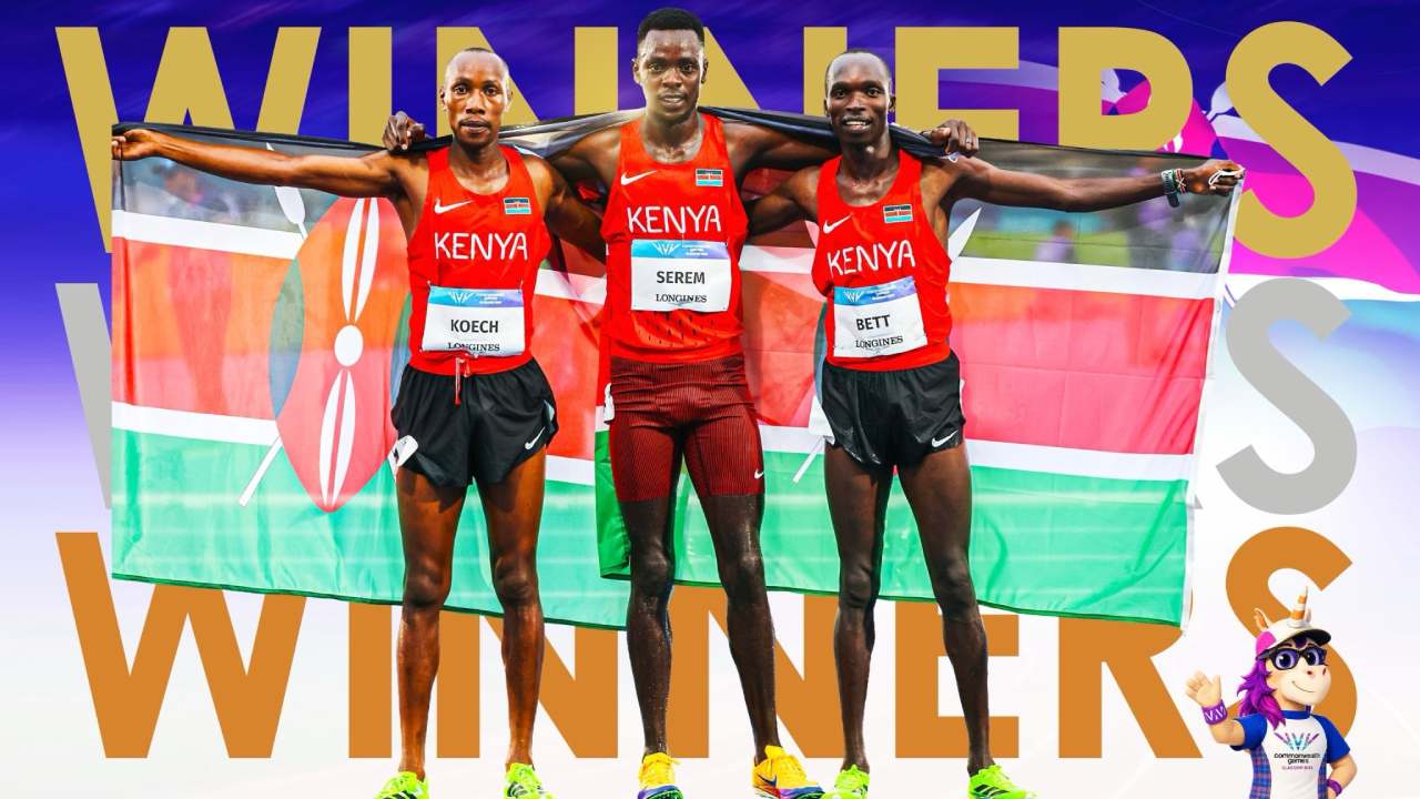 Edmund Serem wins gold in the men's 3,000m steeplechase race at the 2026 Commonwealth Games in Glasgow, Scotland