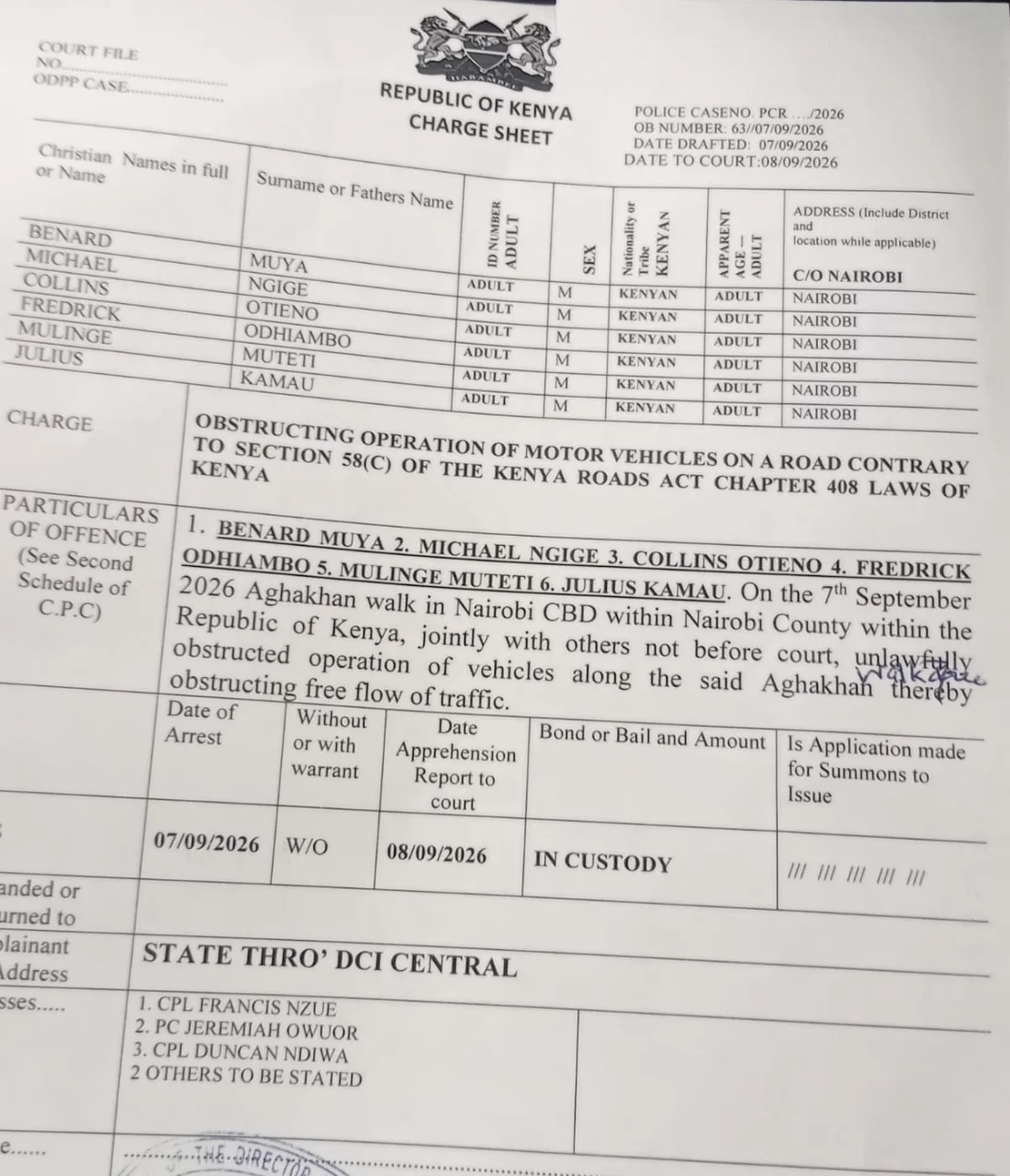 Serial activist Julius Kamau, five others freed over defective traffic obstruction charge on Aga Khan Walk