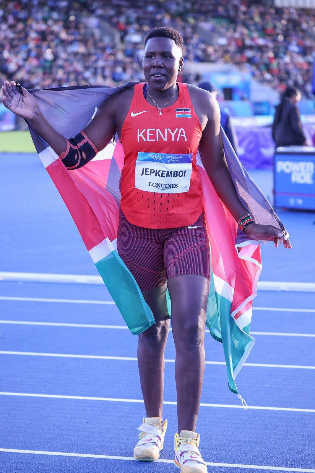 Javelin thrower Irene Jepkemboi celebrates at the 2026 Commonwealth Games in Glasgow, Scotland.